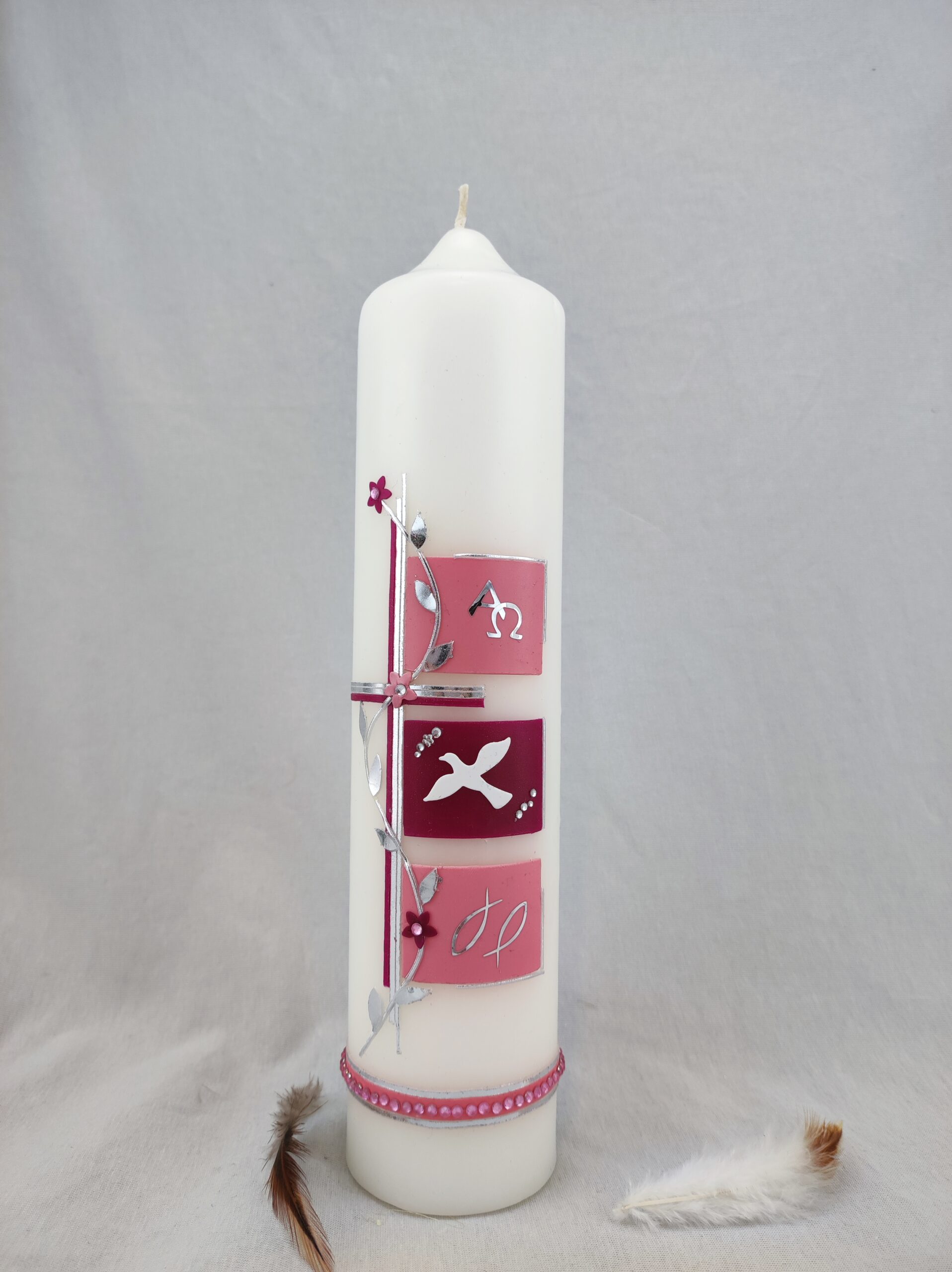 Taufkerze Kerze zur Taufe Kreuz altrosa silber schlicht Taufkerzen Mädchen 